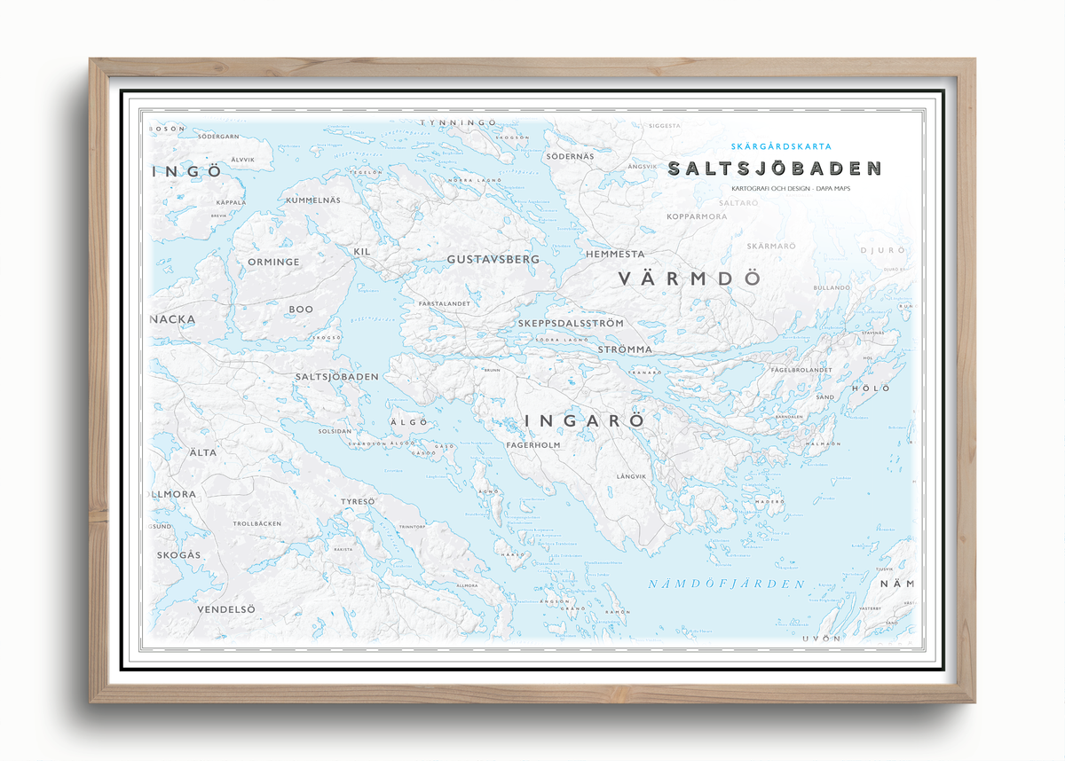 Exempel på en egen skärgårdskarta över Saltsjöbaden med Nacka, Ingarö och Gustavsberg, liggande format, titel uppe till höger, i ram