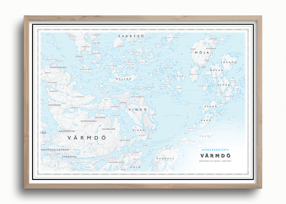 Exempel på en egen skärgårdskarta över Värmdö med Möja, Svartsö och Djurö, liggande format, titel nere till höger, i ram