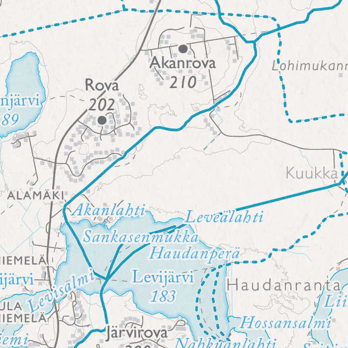 Levin latukartta, lähikuva: Akanrova, Levijärvi ja Rova