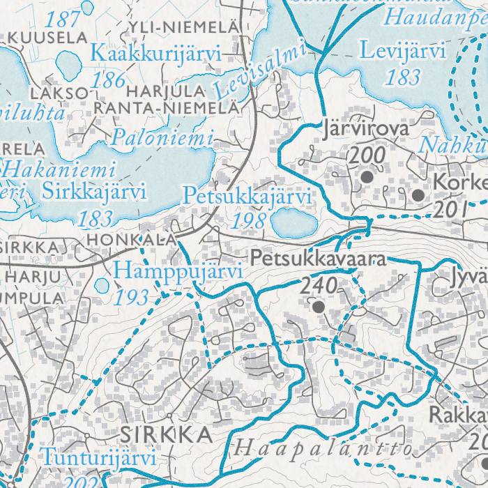 Levin latukartta, lähikuva: Sirkka, Sirkkajärvi, Levijärvi ja Petsukkavaara