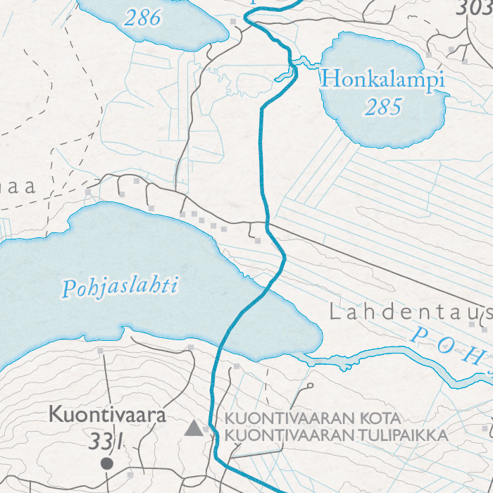 Rukan latukartta, lähikuva: Kuontivaara, Honkalampi ja Kuontivaaran kota