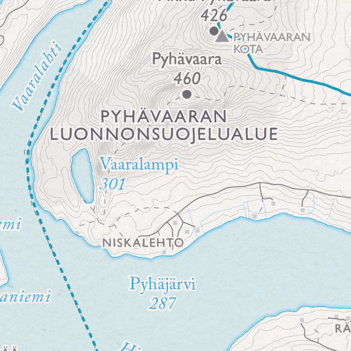 Rukan latukartta, lähikuva: Pyhäjärvi, Pyhävaara, Pyhävaaran kota ja Pyhävaaran luonnonsuojelualue
