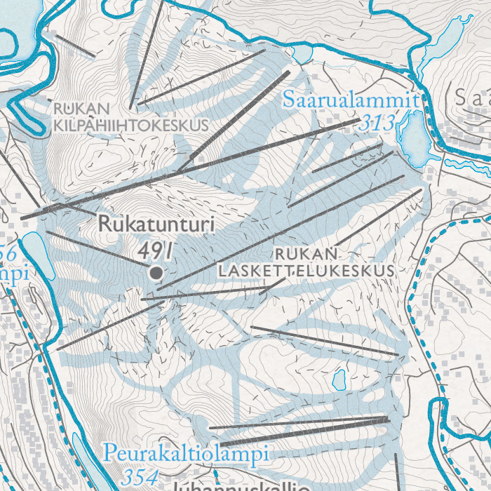 Rukan latukartta, lähikuva: Rukatunturi, Rukan laskettelukeskus, Rukan kilpahiihtokeskus ja Saarualammit