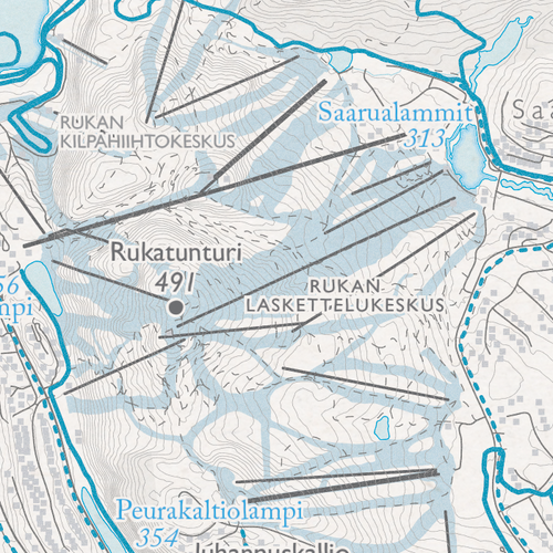 Rukan latukartta, lähikuva: Rukatunturi, Rukan laskettelukeskus, Rukan kilpahiihtokeskus ja Saarualammit