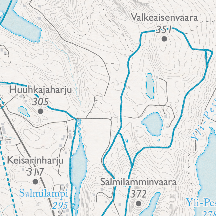 Rukan latukartta, lähikuva: Salmilampi, Valkeaisenvaara, Salmilamminvaara ja Keisarinharju