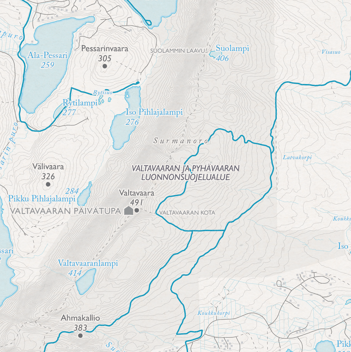 Rukan latukartta, lähikuva: Valtavaara, Valtavaaran päivätupa ja luonnonsuojelualue