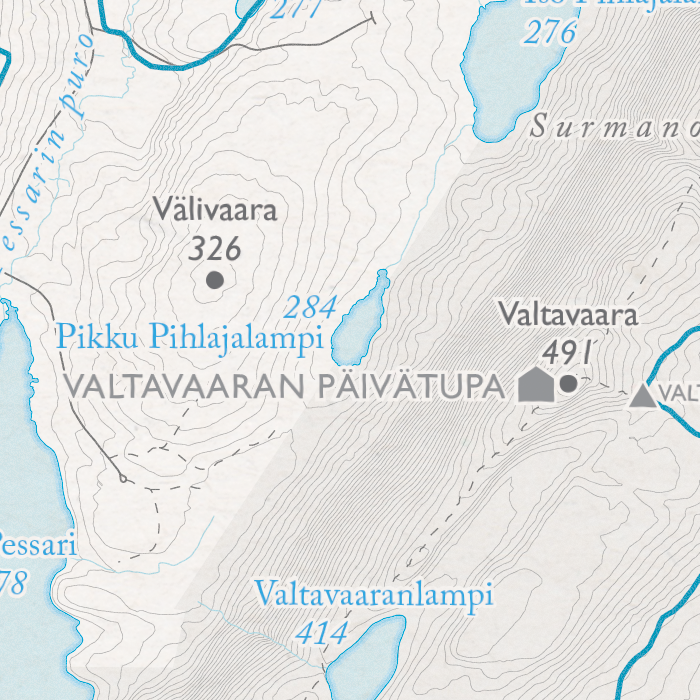 Rukan latukartta, lähikuva: Valtavaara, Valtavaaran päivätupa ja Valtavaaranlampi