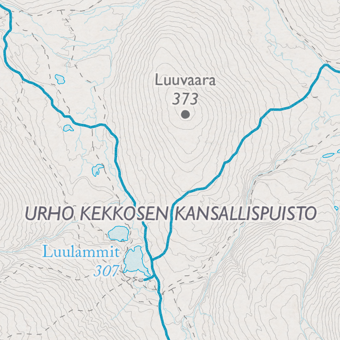 Saariselän latukartta, lähikuva: Urho Kekkosen kansallispuisto, Luulammit ja Luuvaara