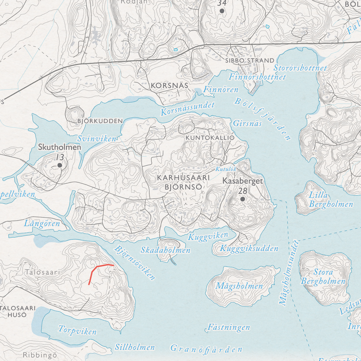 Sipoonkorven retkikartta, lähikuva: Karhusaari, Kasaberget ja Granöfjärden
