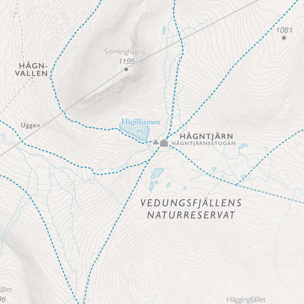 Skidkarta Lofsdalen, närbild: Hågntjärnen, Hågntjärnsstugan och Vedungsfjällen