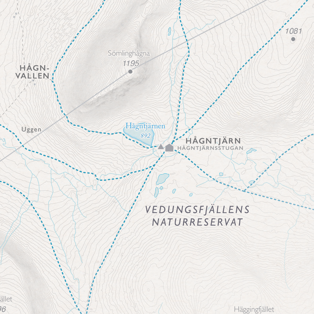 Skidkarta Lofsdalen, närbild: Hågntjärnen, Hågntjärnsstugan och Vedungsfjällen