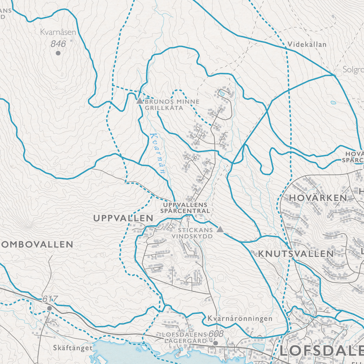 Skidkarta Lofsdalen, närbild: Uppvallen, Knutsvallen och Kvarnåsen