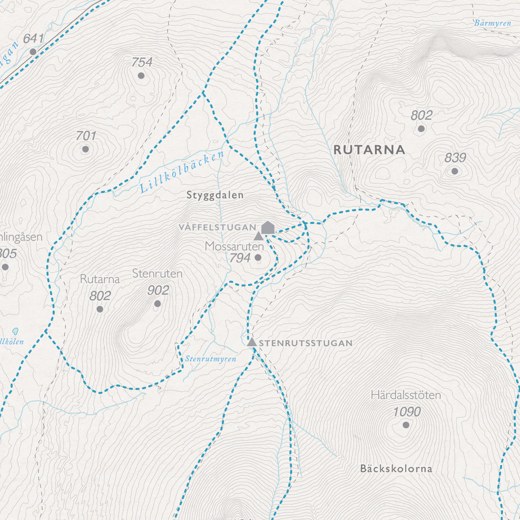Skidkarta Lofsdalen, närbild: Våffelstugan, Stenrutsstugan och Rutarna