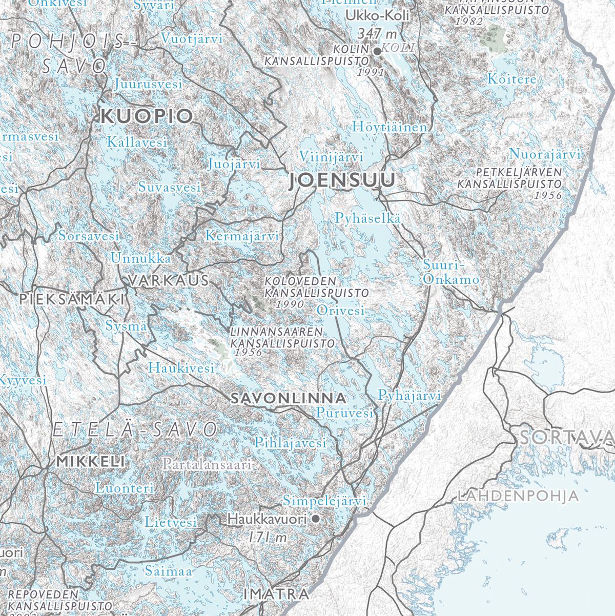 Suomen kansallispuistokartta, lähikuva: Kolin, Koloveden ja Linnansaaren kansallispuistot, Kuopio, Joensuu ja Savonlinna
