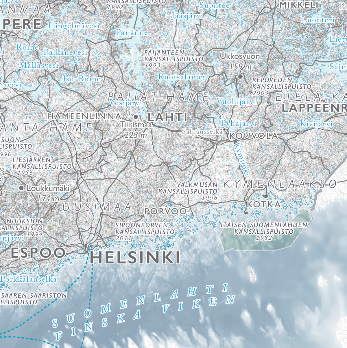 Suomen kansallispuistokartta, lähikuva: Nuuksion, Sipoonkorven ja Repoveden kansallispuistot, Helsinki ja Lahti
