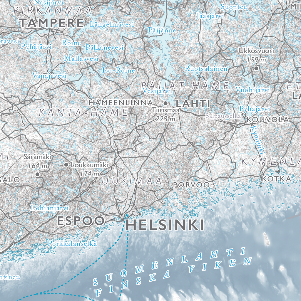 Suomen kartta, lähikuva: Helsinki, Espoo ja Lahti