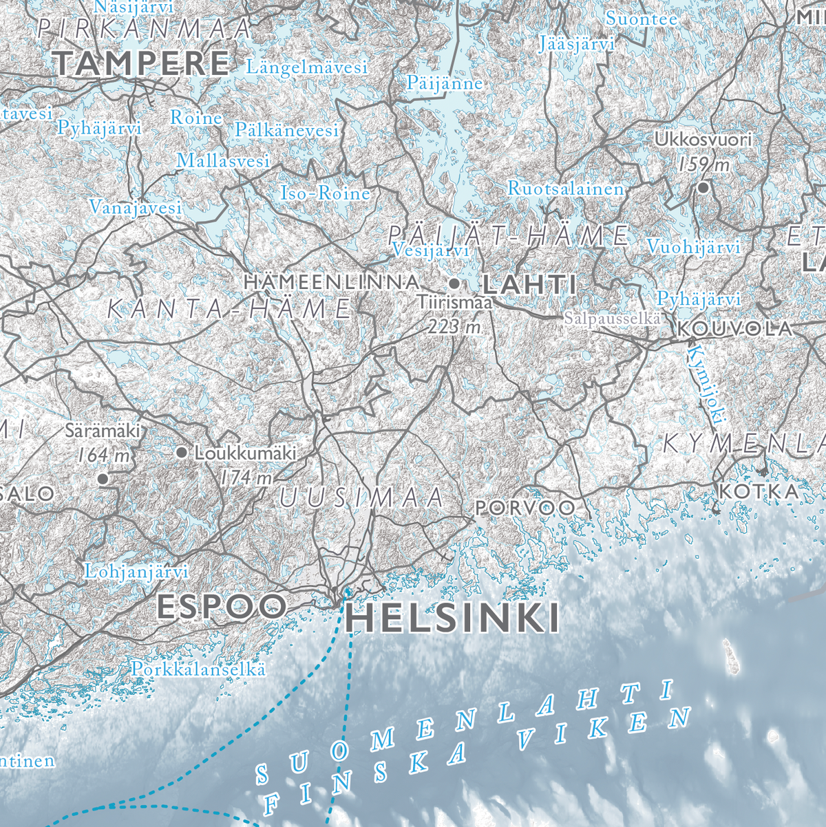 Suomen kartta, lähikuva: Helsinki, Espoo ja Lahti