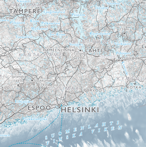Suomen kartta, lähikuva: Helsinki, Espoo ja Lahti