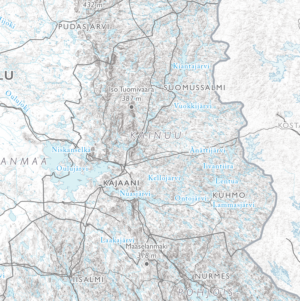 Suomen kartta, lähikuva: Kajaani, Kainuu ja Oulujärvi