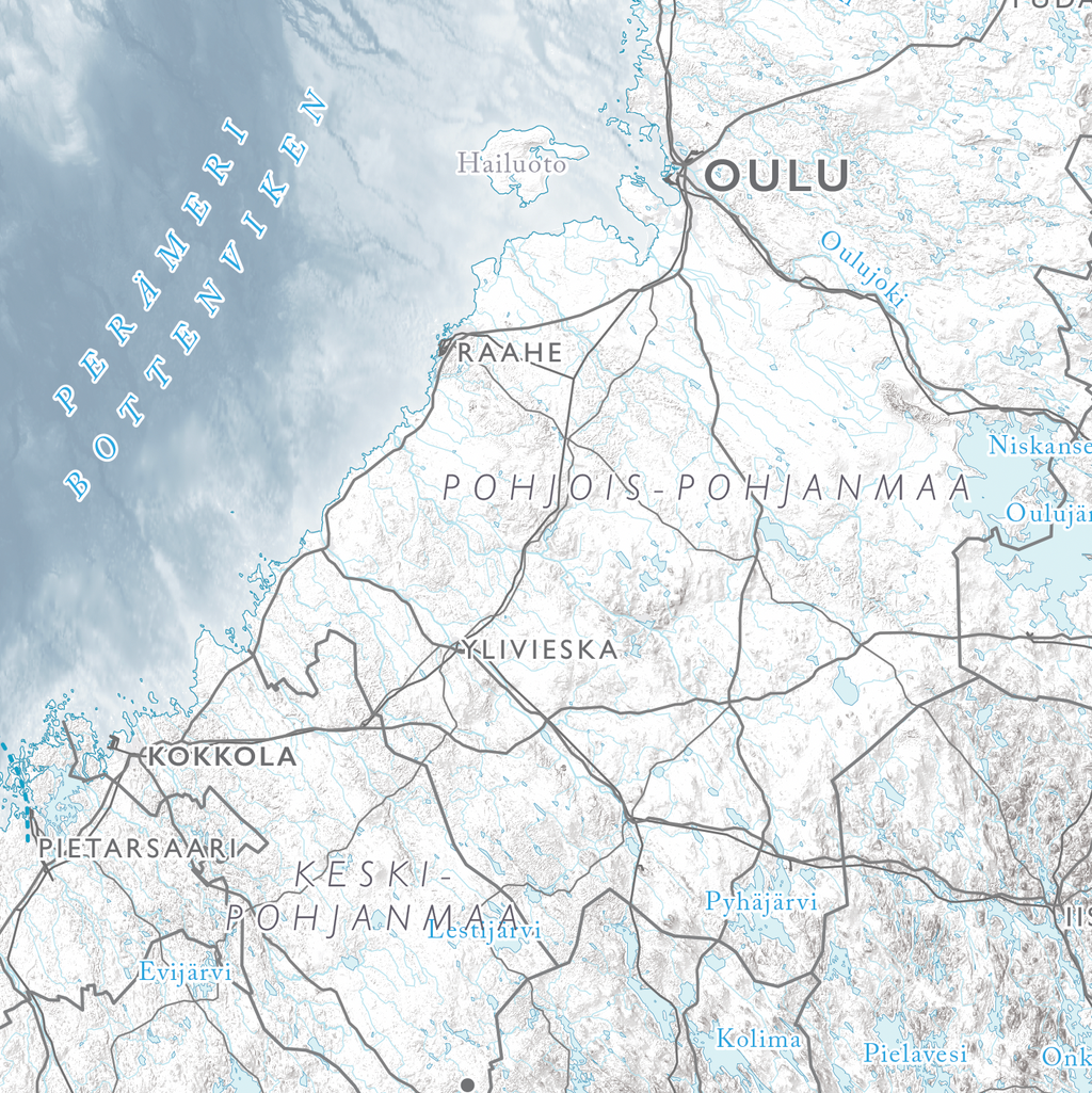 Suomen kartta, lähikuva: Oulu, Kokkola ja Perämeri