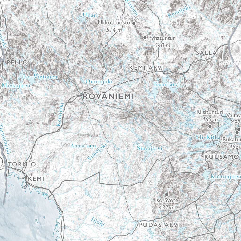 Suomen kartta, lähikuva: Rovaniemi, Kemi ja Kuusamo