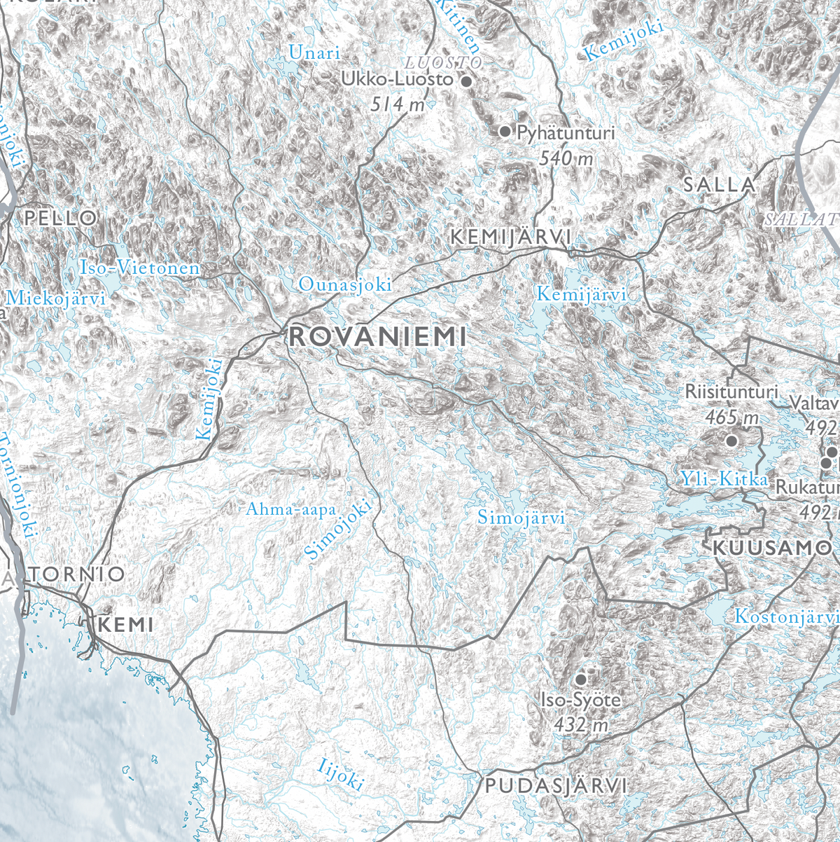 Suomen kartta, lähikuva: Rovaniemi, Kemi ja Kuusamo
