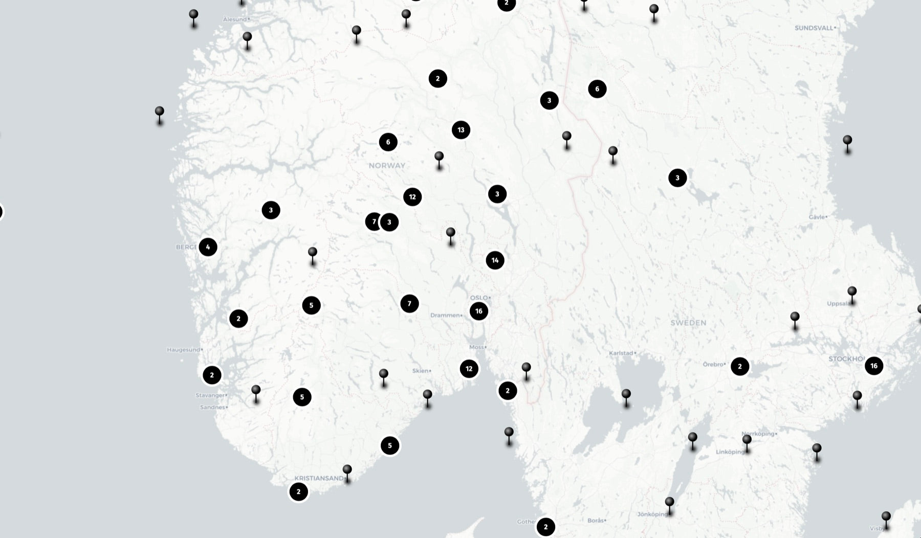 Täckningskarta över Sverige - varje markör är en plats där Dapa Maps har gjort kartor